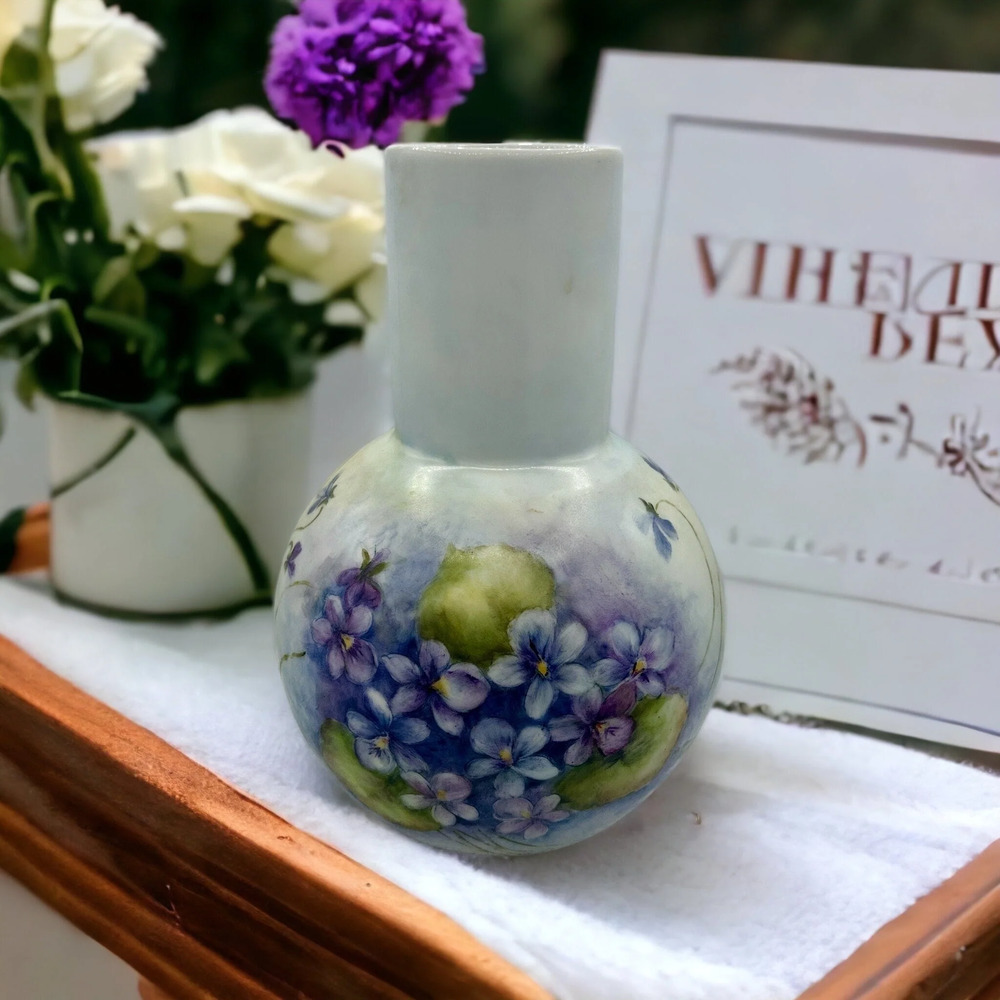 Vintage Limoge violet Floral Hand Painted Porcelain Bud Vase, Watercolor China,